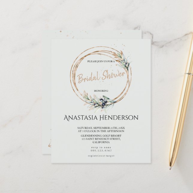Papier Bois d'olive - Douche nuptiale. Invitation (Devant/Arrière en situation)