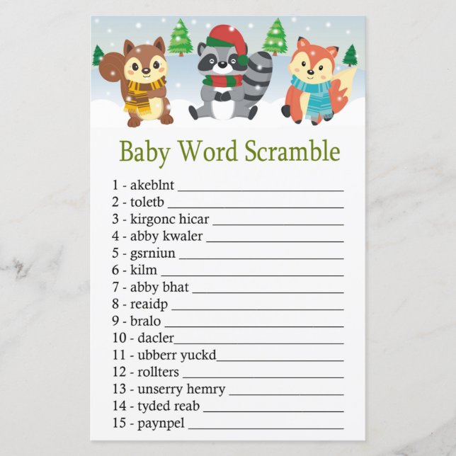 Papier boisé d'hiver animal Baby mot scramble jeu (Devant)