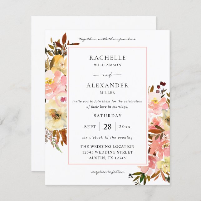 Papier Bonbon budgétaire Fleurs rose et jaune 2 Mariage (Devant / Derrière)