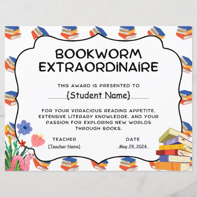 Papier Bookworm Extraordinaire Student Recognition Award (Devant)