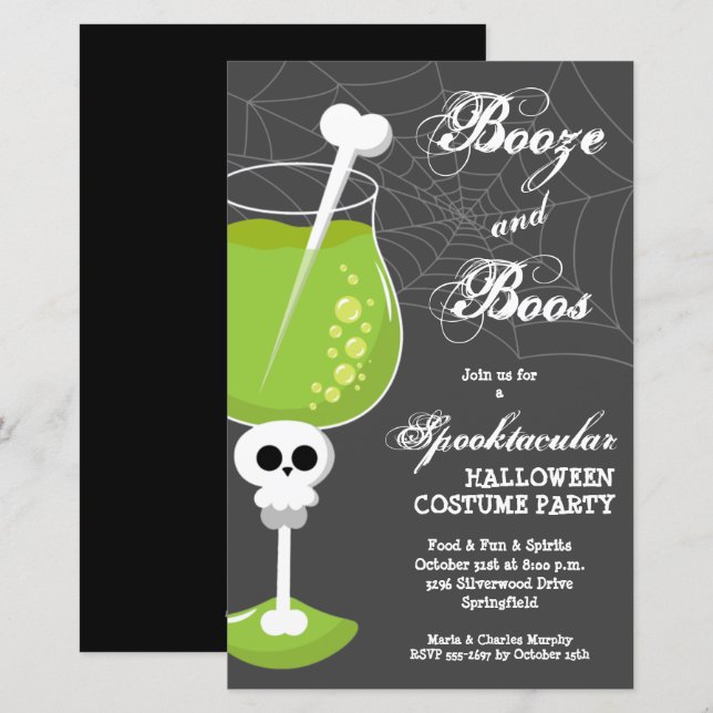 Papier Booze and Boos Skull Budget Halloween Invitations (Devant / Derrière)