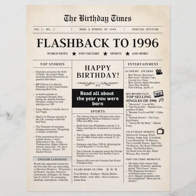 Papier Born in 1996 Sepia Newspaper (Devant)