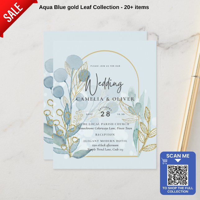 Papier Botanica moderne; Aqua SeaGlass Gold Wedding Invit (Créateur téléchargé)