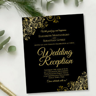 Papier Boucles d'or Noir Mariage Réception Invitation BUD