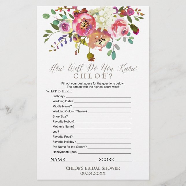 Papier Bouquet d'aquarelle Connaissez-vous le jeu de mari (Devant)