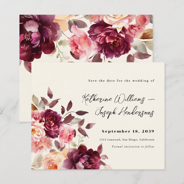 Papier Bouquet Floral Bordeaux Mariage Enregistrer la Dat (Devant / Derrière)