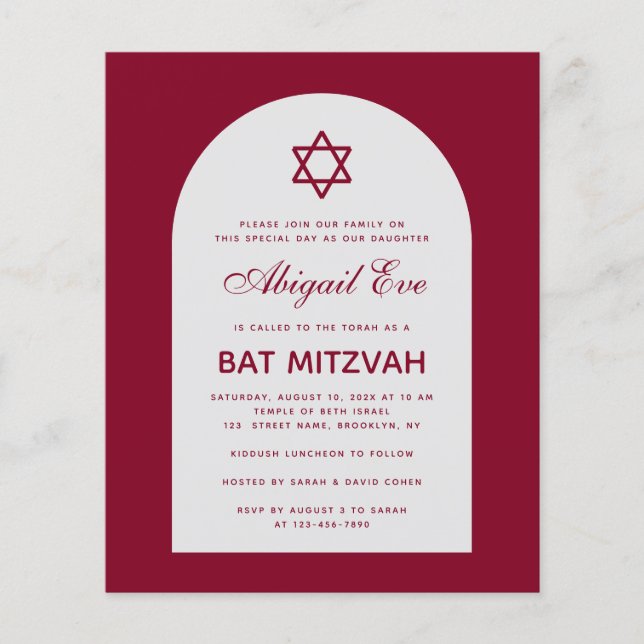 Papier Bourgogne Bat mitzvah Arc Budget Red Invitation (Devant)