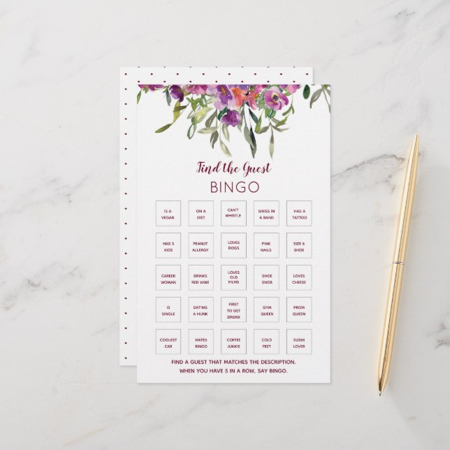 Papier Bourgogne Fête des mariées florale Bingo Jeu (Devant/Arrière en situation)