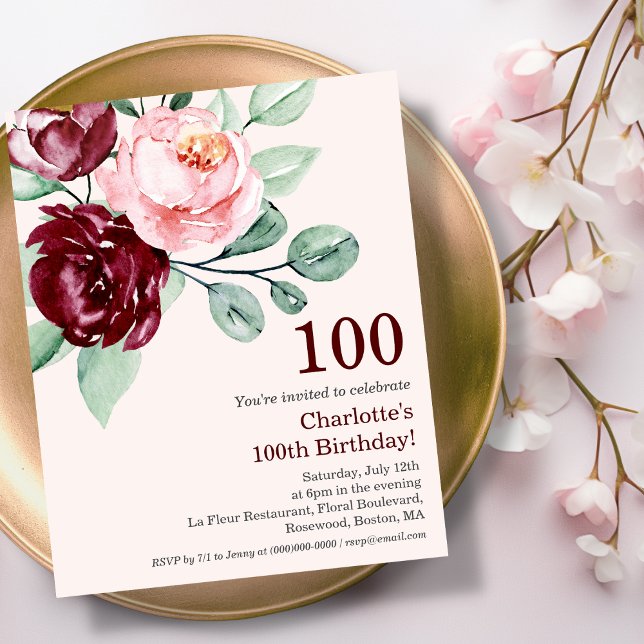 Papier Bourgogne Floral 100e Budget Anniversaire Invitati (Créateur téléchargé)
