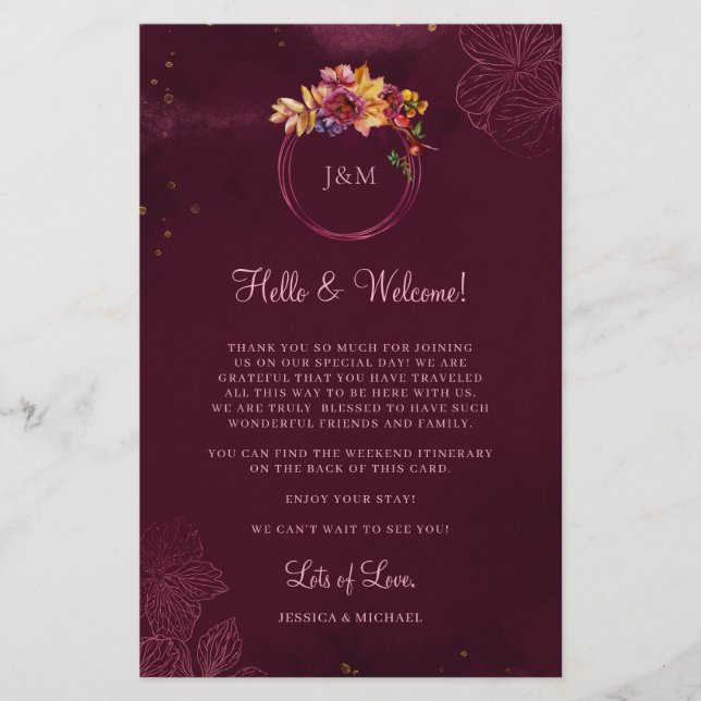 Papier Bourgogne Floral Élégant Mariage Bienvenue Itinéra (Devant)