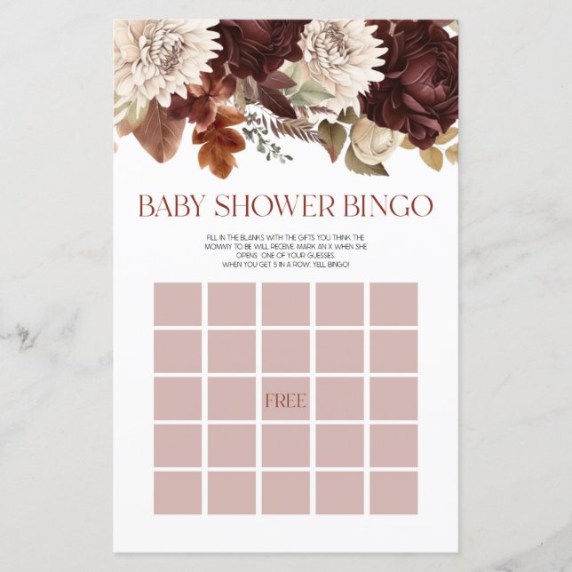Papier Bourgogne Floral Fleurs Bingo Baby shower Jeu (Devant)