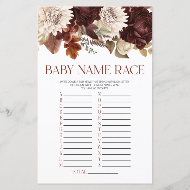 Papier Bourgogne Floral Fleurs Nom Race Baby shower Jeu (Devant)