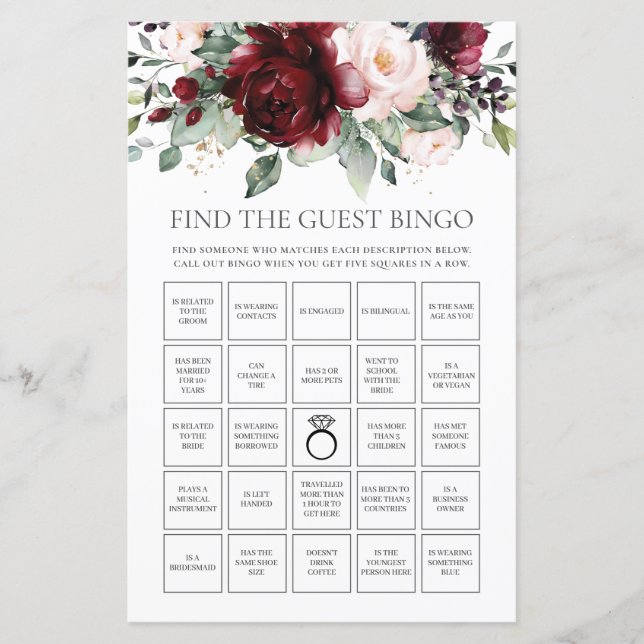 Papier Bourgogne Floral Fun Bridal Trouvez le Bingo invit (Devant)