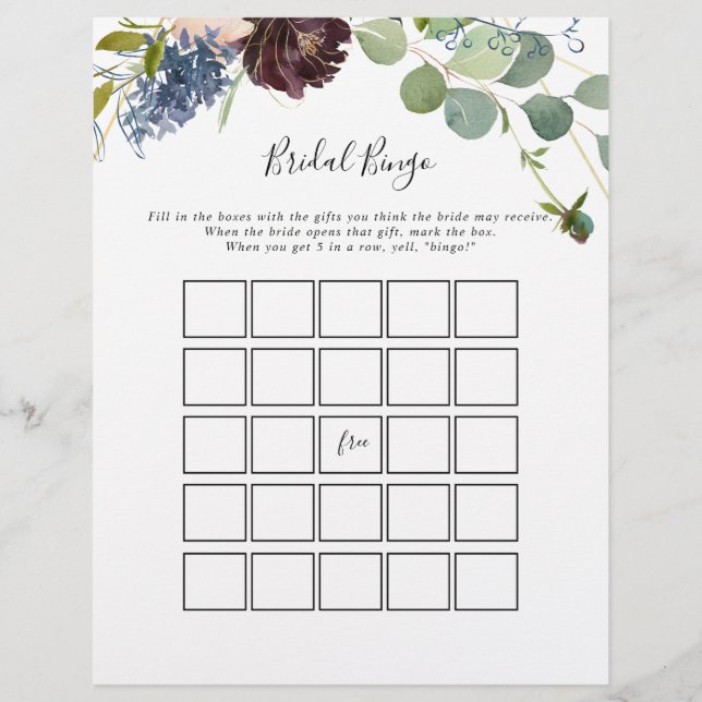 Papier Bourgogne Floral Green Bridal Bingo Jeu (Devant)