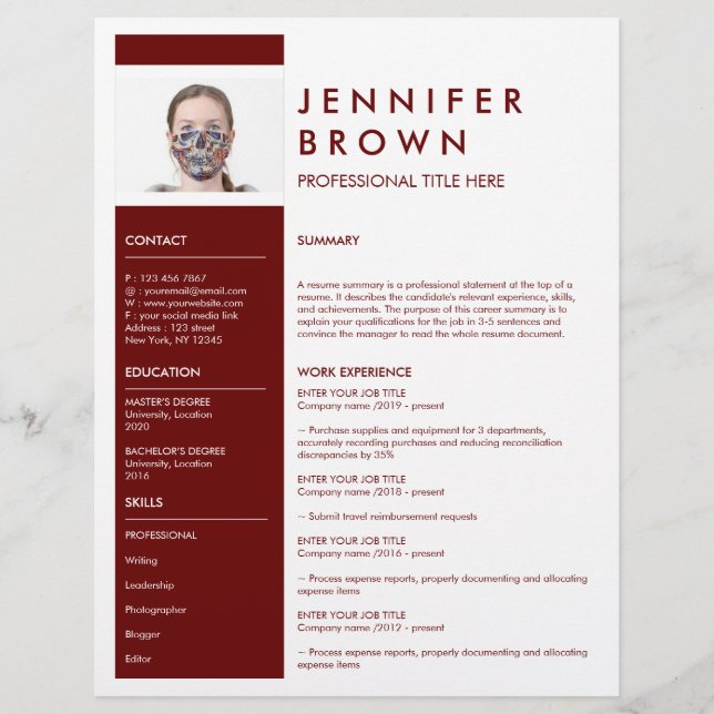 Papier Bourgogne Minimal CV cv avec photographie (Devant)
