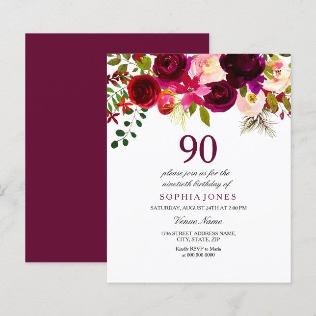 Papier Bourgogne Rouge Blush 90e anniversaire Invitation  (Devant / Derrière)