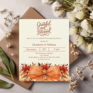 Papier Bow floral orange Thanksgiving dîner invitation