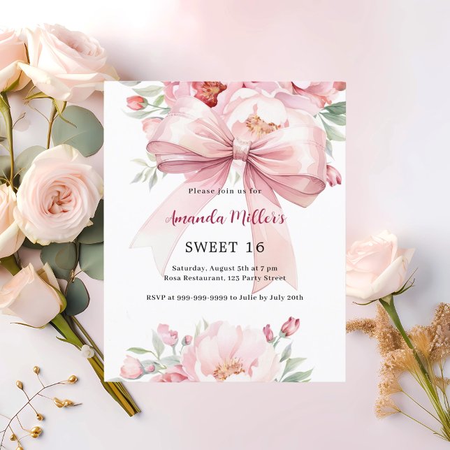 Papier Bow flores roses Sweet 16 invitation (Créateur téléchargé)