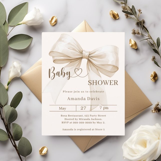 Papier Bow gender neutral beige Baby Shower invitation (Créateur téléchargé)