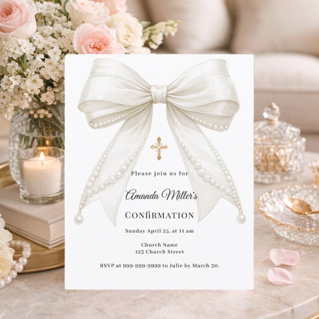 Papier Bow ivory pearls girl Confirmation invitation (Créateur téléchargé)