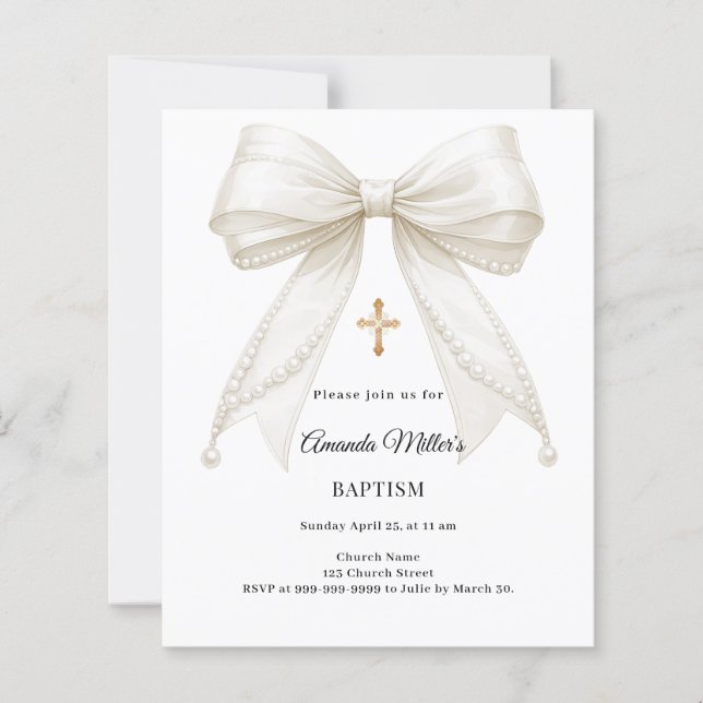 Papier Bow Ivory Pearls Girl Elegant Baptism invitation (Devant)