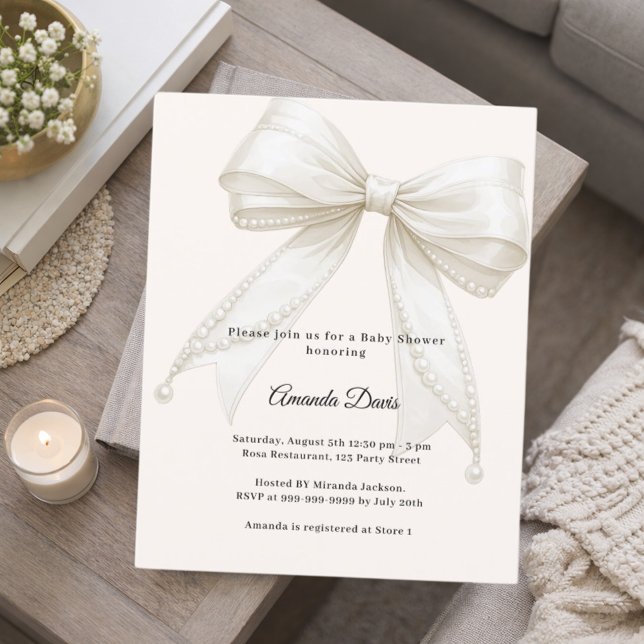Papier Bow ivory pearls luxury Baby Shower invitation (Créateur téléchargé)