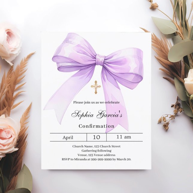 Papier Bow lavender girl Confirmation invitation (Créateur téléchargé)