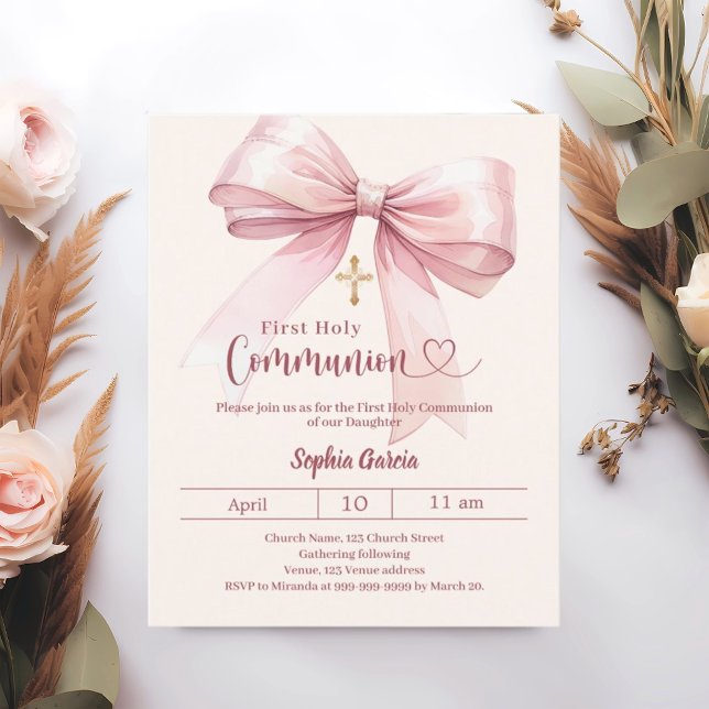 Papier Bow pink girl cream First Communion invitation (Créateur téléchargé)