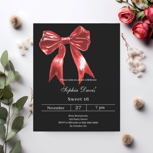 Papier Bow rouge noir Sweet 16 invitation (Créateur téléchargé)