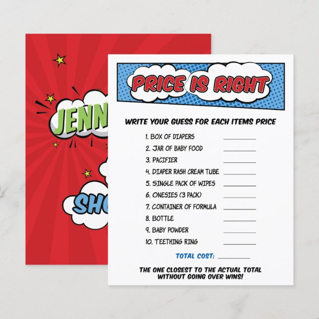 Papier Boy Comic Book Superhero Baby shower Prix Jeu (Devant / Derrière)