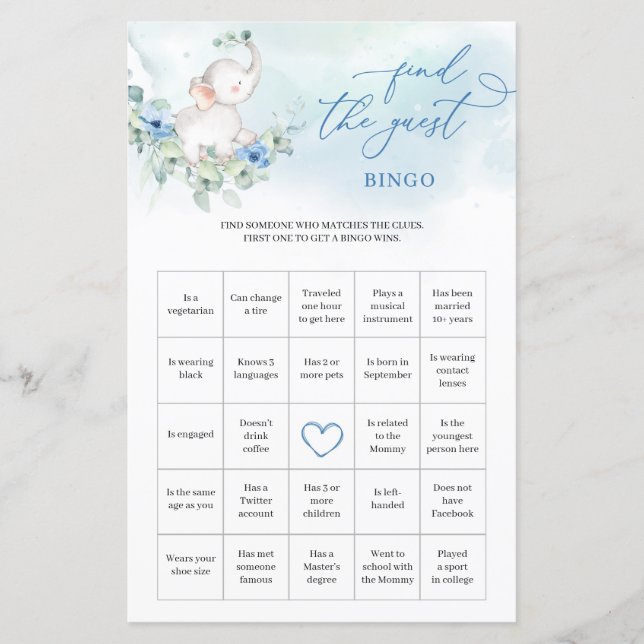 Papier Boy Elephant Eucalyptus Trouvez L'Invité Bingo jeu (Devant)