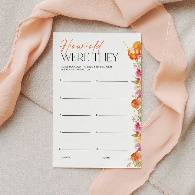 Papier Bridal Shower Game How Old Were They First Spritz (How Old Were They? Love at First Spritz Bridal Shower | Pink Orange Floral Citrus)