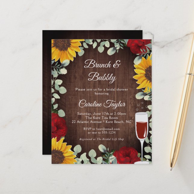 Papier Brunch Bubbly tournesols Rose Fête des mariées à v (Devant/Arrière en situation)