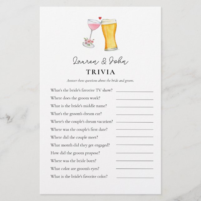 Papier Bubbles et Brew Couple's Shower Trivia jeux (Devant)
