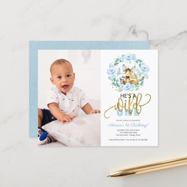 Papier Budge He's A Wild One Photo 1st Birthday Invitatio (Devant/Arrière en situation)