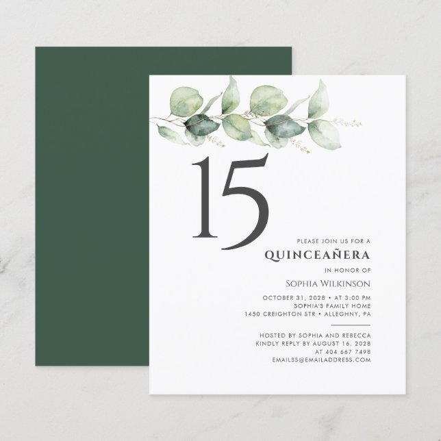 Papier Budget 15e anniversaire Eucalyptus Quinceanera Inv (Devant / Derrière)