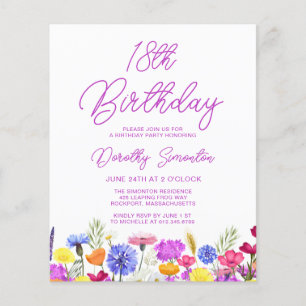 Papier BUDGET 18e anniversaire Fleur sauvage violet Invit
