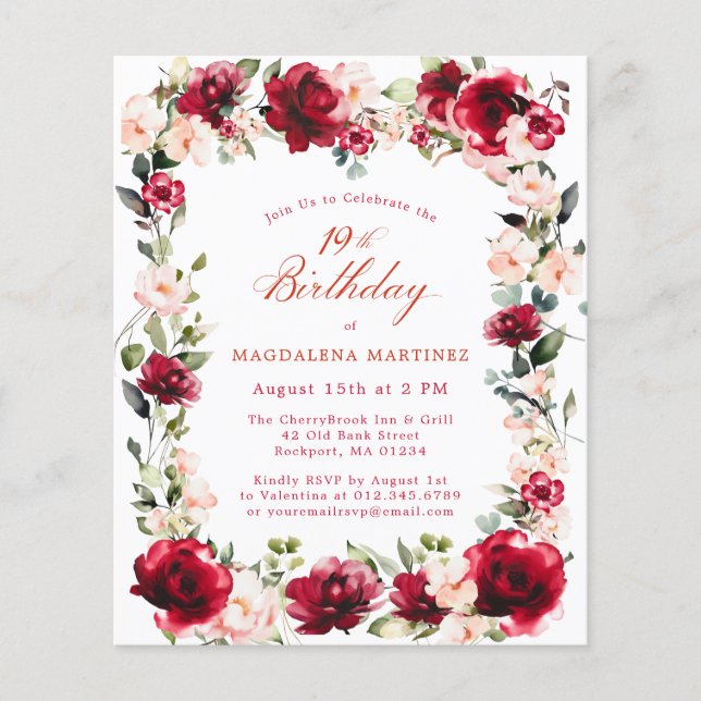 Papier BUDGET 19e anniversaire Rose rouge rose rose Invit (Devant)