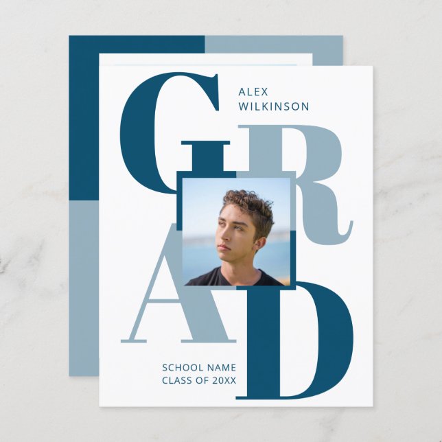 Papier BUDGET 2023 Moderne Bleu Script 2 Invitation photo (Devant / Derrière)