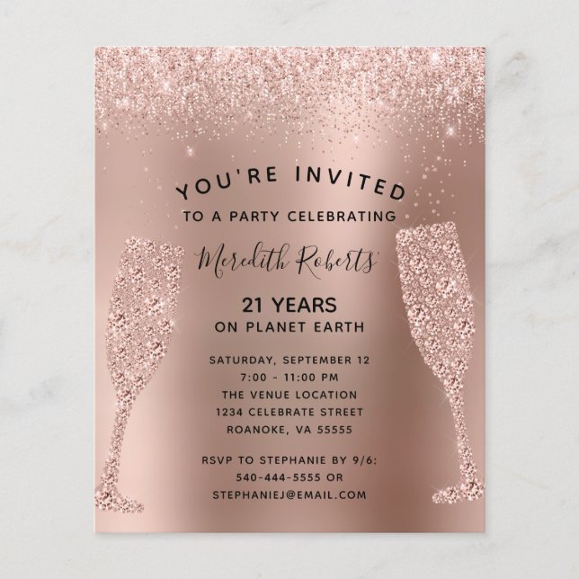 Papier Budget 21e anniversaire Champagne Rose Invitation  (Devant)