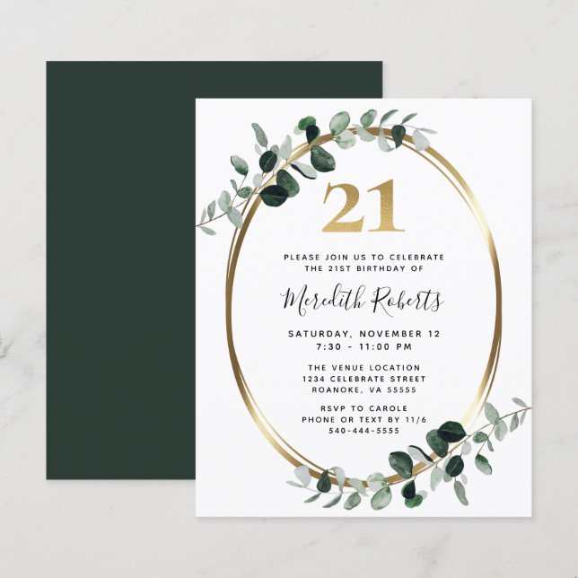 Papier Budget 21e anniversaire Eucalyptus Invitation de l (Devant / Derrière)