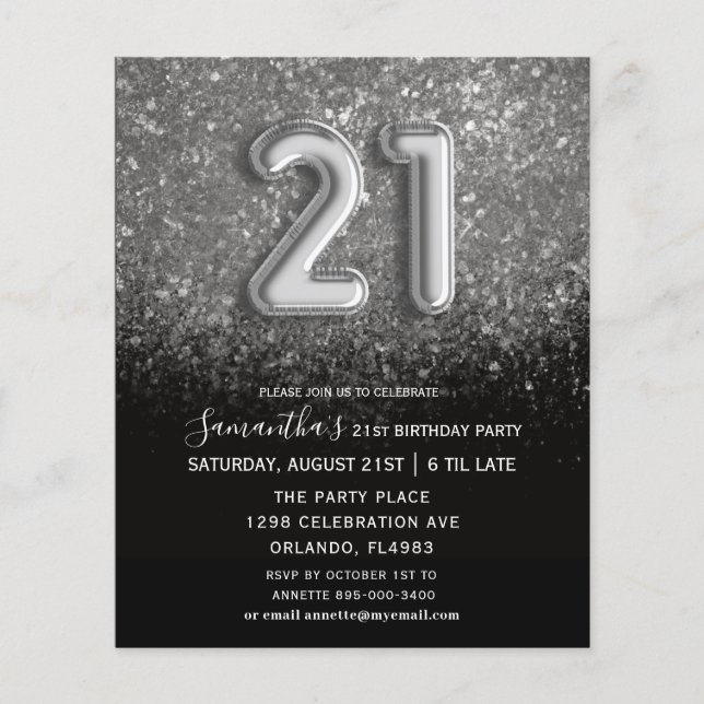 Papier Budget 21e anniversaire Invitation Black & Silver (Devant)