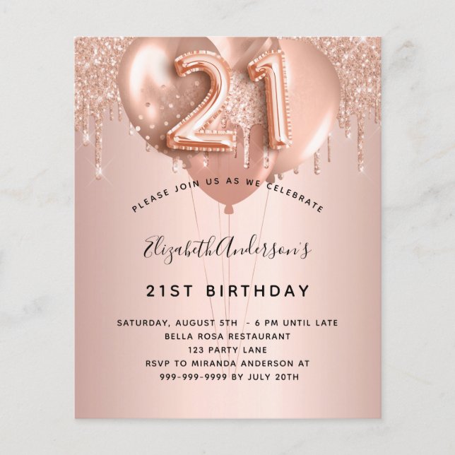 Papier Budget 21e anniversaire rose ballons d'or blush (Devant)