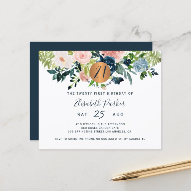 Papier Budget 21e fête d'anniversaire fleurie Invitation (Devant/Arrière en situation)