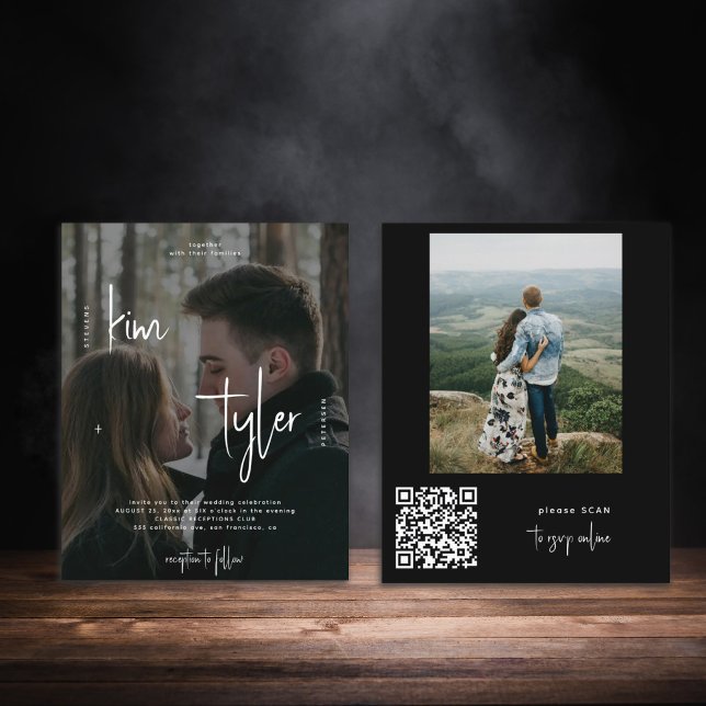 Papier Budget 2 photos faire-part de mariage de script QR (Créateur téléchargé)