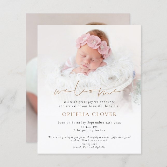 Papier Budget 2 Photos Overlay Gold Welcome Birth (Devant / Derrière)