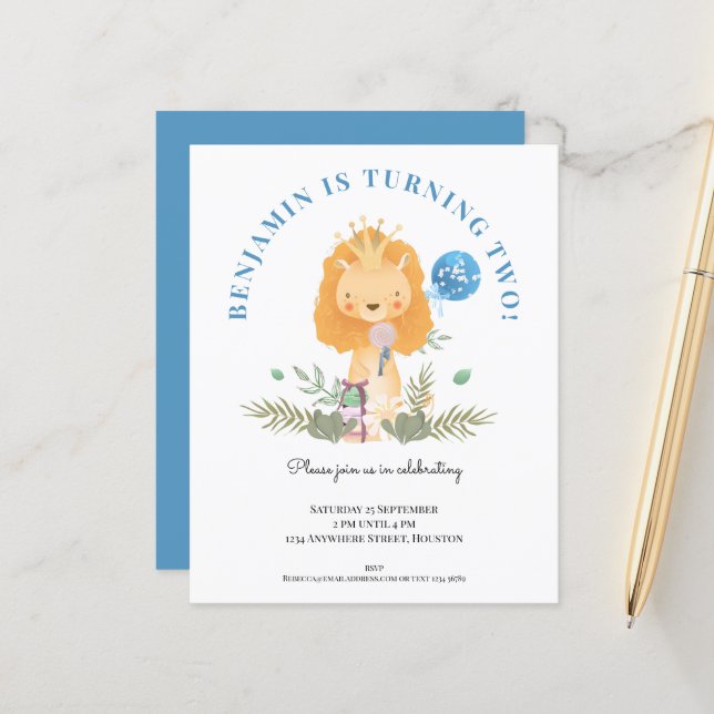 Papier Budget 2e anniversaire Lion Boys Party Invitation (Devant/Arrière en situation)