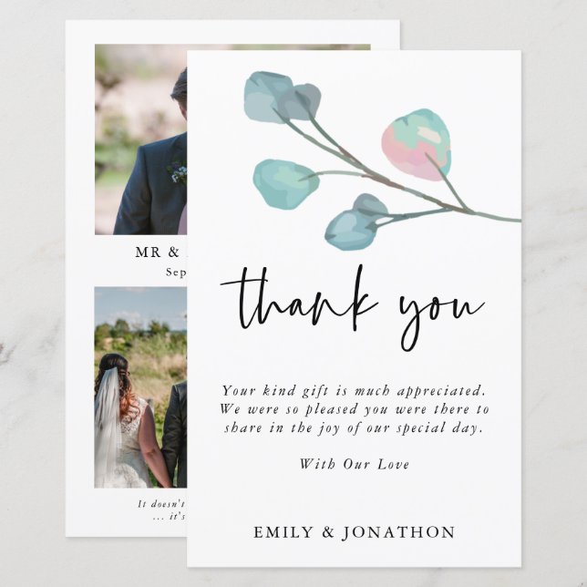 Papier BUDGET 3 Photo Citation Eucalyptus Mariage Merci (Devant / Derrière)