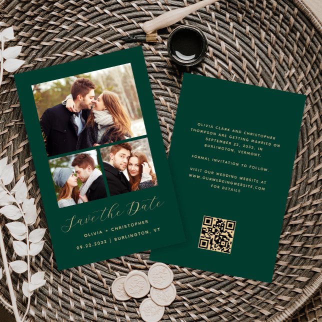 Papier Budget 3-Photos Collage Vert QR Code Save the Date (Créateur téléchargé)