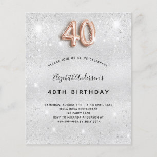 Papier Budget 40e anniversaire argent rose or invitation
